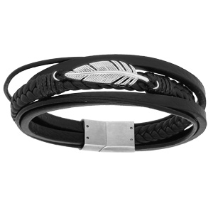 Bracelet en acier et cuir plusieurs rangs noir avec plume 20,5cm - Vue 1