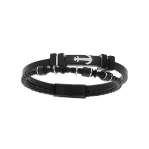 Bracelet en acier et cuir 2 rangs avec tresse noire et motif ancre double fermoir 19cm +1cm - Vue 1