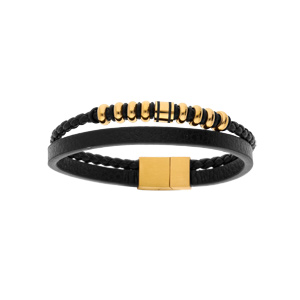 Bracelet en acier et cuir 2 rangs avec tresse noire et perles jaunes double fermoir 20cm +1cm - Vue 1