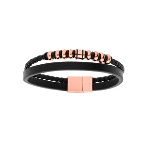 Bracelet en acier et cuir 2 rangs avec tresse noire et perles roses double fermoir 20cm +1cm - Vue 1