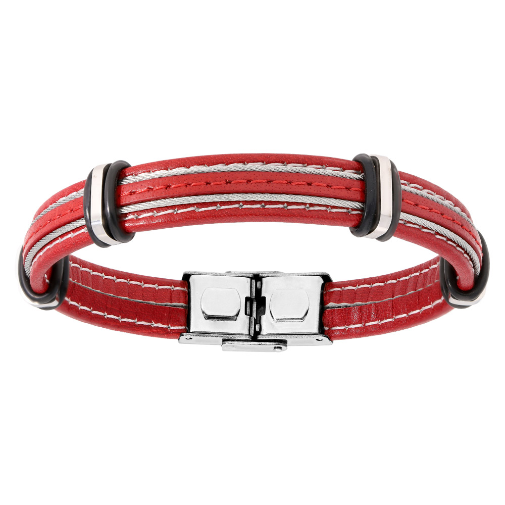 Bracelet en acier et cuir rouge avec 2 c�bles gris r�glable 20cm - Vue 1