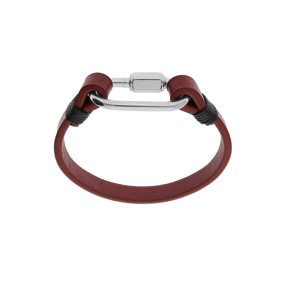 Bracelet en acier et cuir rouge avec mousqueton viss� - Vue 1