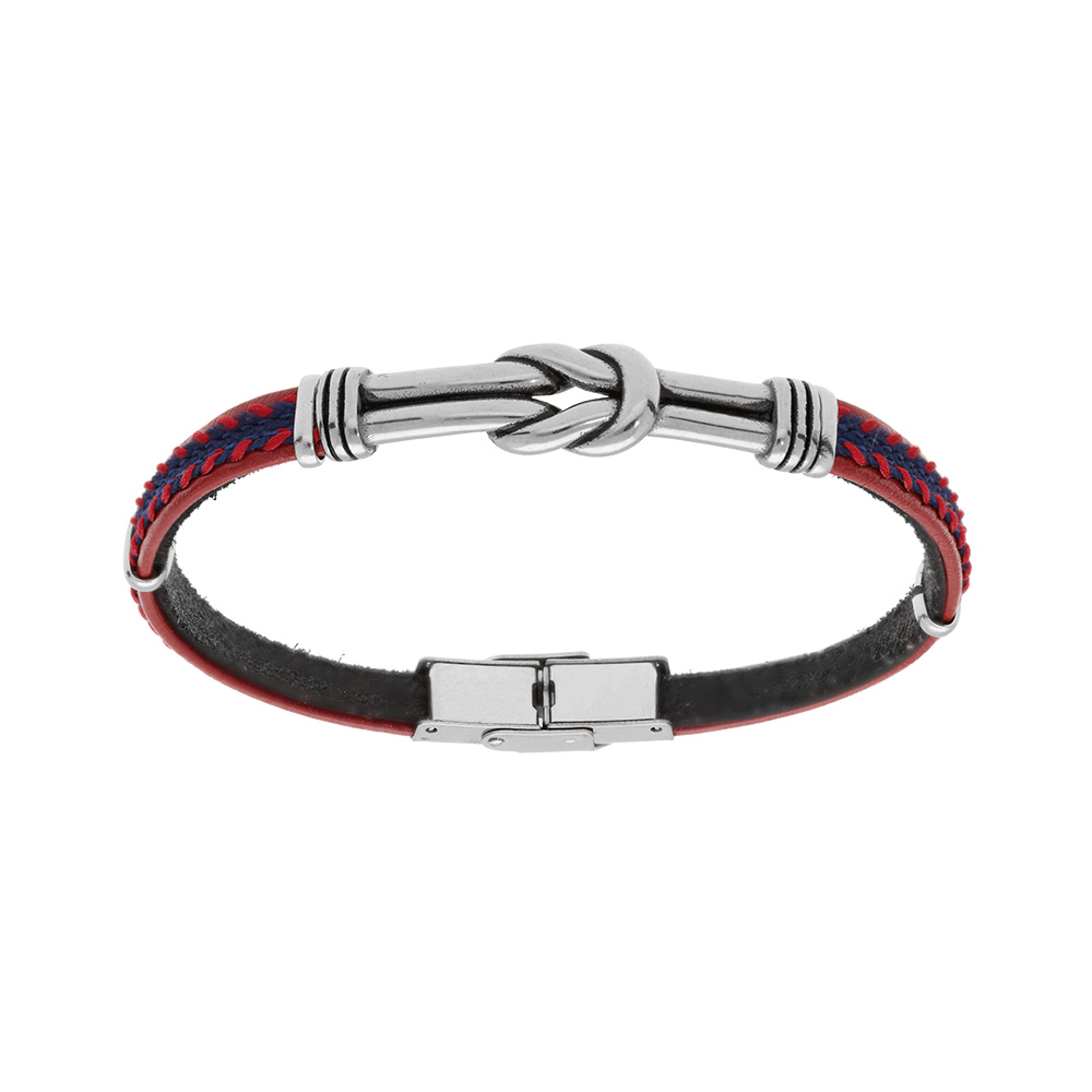 Bracelet en acier et cuir rouge tress� et motif noeud patin� 20cm r�glable - Vue 1
