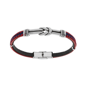 Bracelet en acier et cuir rouge tress et motif noeud patin 20cm rglable - Vue 1