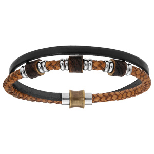 Bracelet en acier et cuir tons marron clair et noir avec perles bois fermoir aimant 21cm - Vue 1