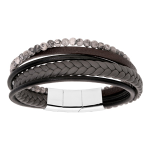 Bracelet en acier et cuir tons marron noir et gris avec boules grises double fermoir 20cm - Vue 1