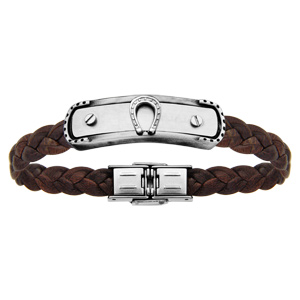 Bracelet en acier et cuir tressé marron plaque avec fer à cheval réglable 20cm - Vue 1