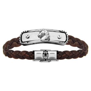 Bracelet en acier et cuir tressé marron plaque avec tête de cheval réglable 20cm - Vue 1