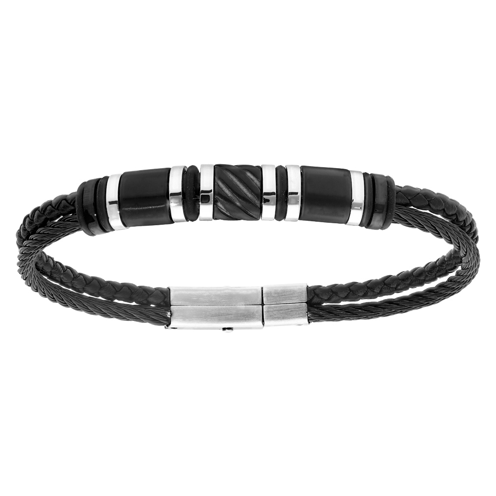 Bracelet en acier et cuir tress� noir avec grosses perles noires 20cm - Vue 1