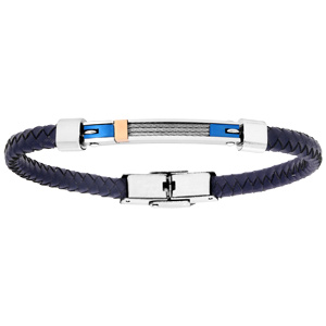 Bracelet en acier et cuir tress plaque cbles gris et fantaisie bleue 20cm - Vue 1