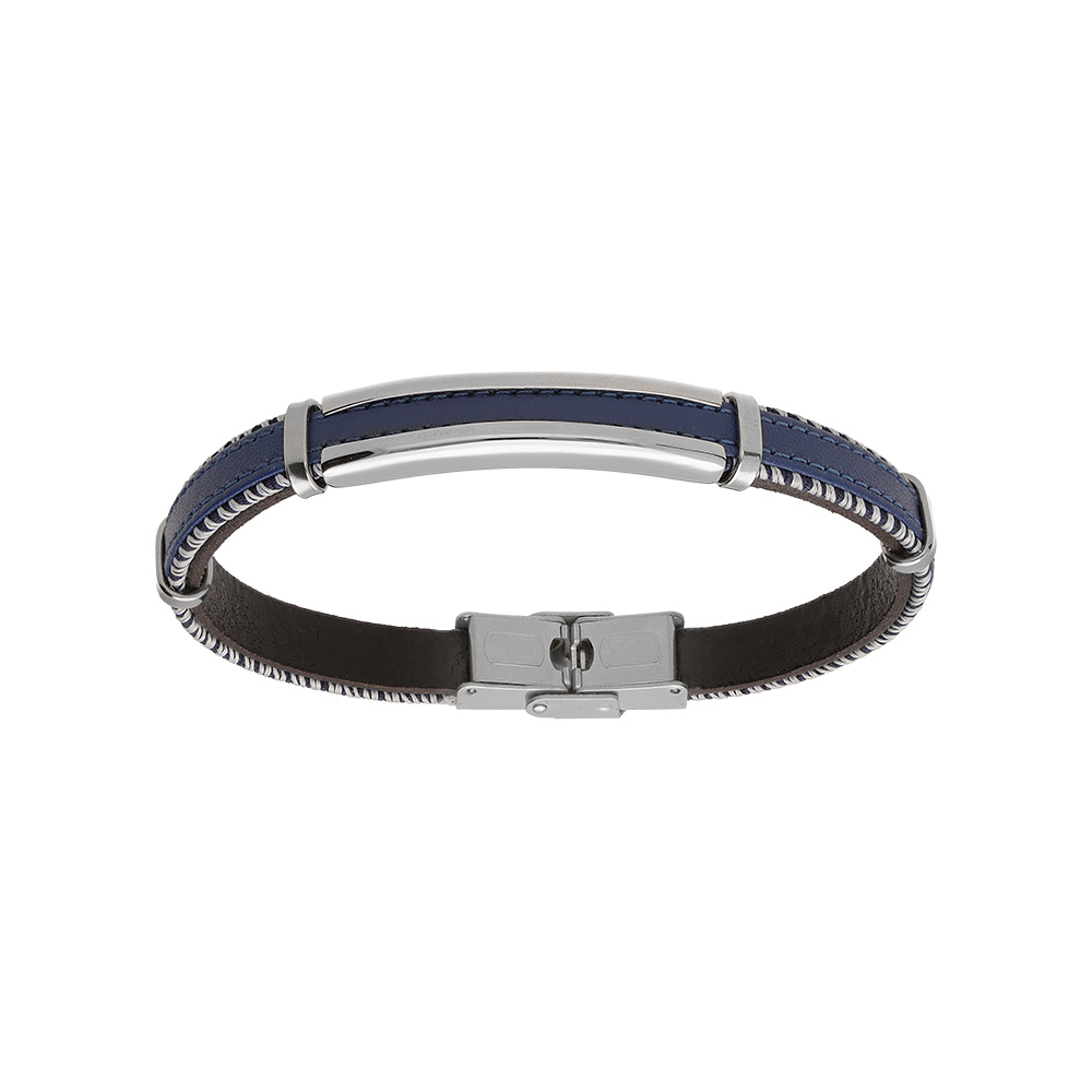 Bracelet en acier et cuir v�ritable couleur bleu 21cm r�glable - Vue 1