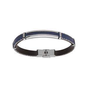 Bracelet en acier et cuir vritable couleur bleu 21cm rglable - Vue 1