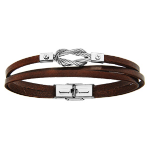 Bracelet en acier et cuir vritable marron 3 rangs et noeud marin en cble gris 20cm rglable - Vue 1