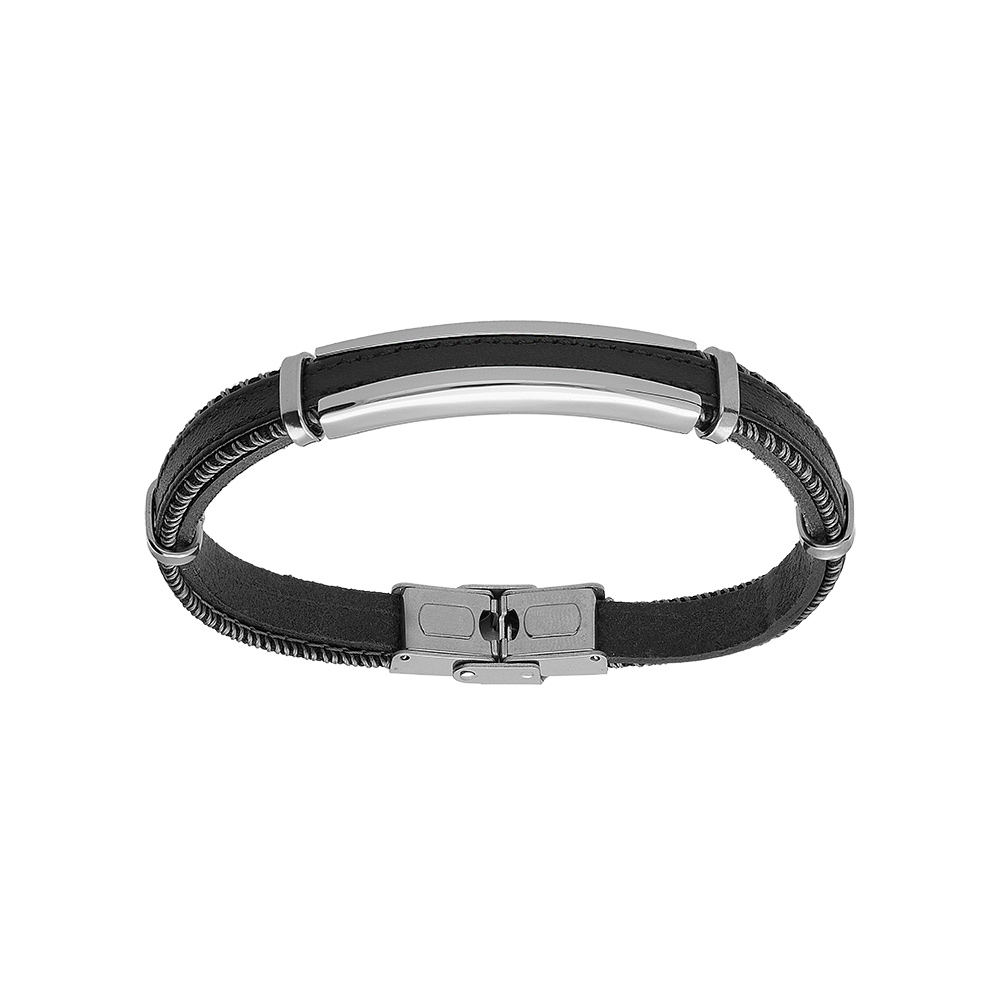 Bracelet en acier et cuir v�ritable noir 21cm r�glable - Vue 1
