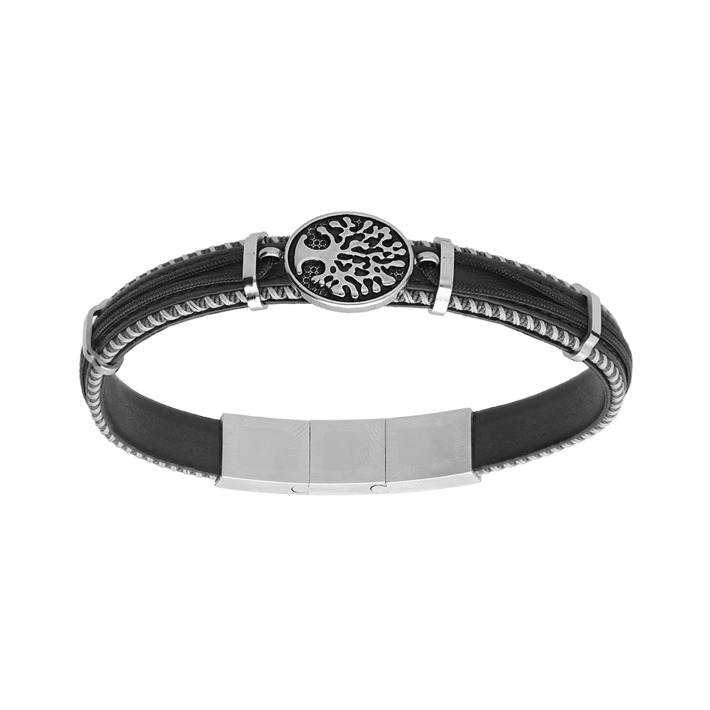Bracelet en acier et cuir v�ritable noir pastille motif arbre de vie 20.5+1cm double fermoir - Vue 1