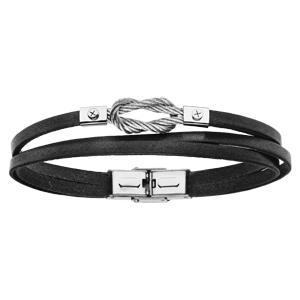 Bracelet en acier et cuir vritable noir 3 rangs et noeud marin en cble gris 20cm rglable - Vue 1