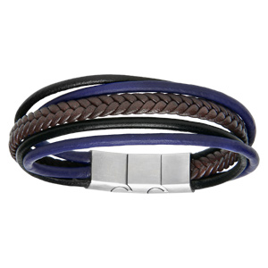 Bracelet en acier et cuir vritable plusieurs fils noir, bleu et tress marron 20+1cm rglable avec double fermoir - Vue 1