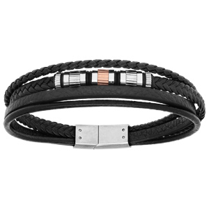 Bracelet en acier et cuir vritable plusieurs fils noir et tress noir avec lments PVD rose 20,5cm - Vue 1