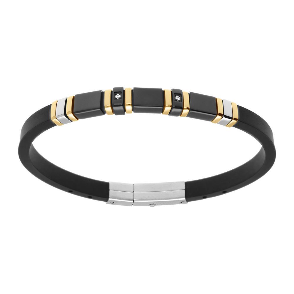 Bracelet en acier et dor� caoutchouc noir avec oxydes blancs - 21.5cm r�galble 20cm et 18.5cm - Vue 1