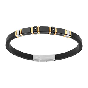 Bracelet en acier et dor� caoutchouc noir avec oxydes blancs - 21.5cm r�galble 20cm et 18.5cm