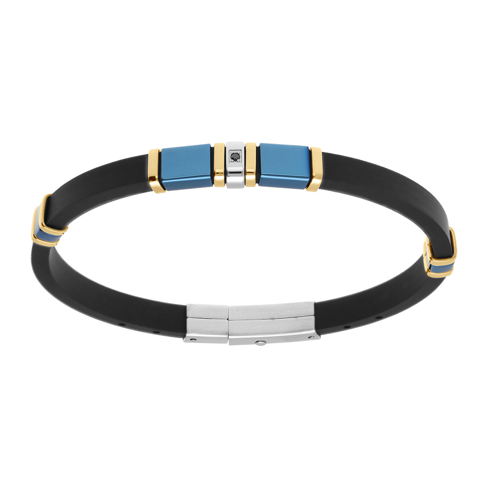 Bracelet en acier et dor� caoutchouc noir PVD bleu avec oxyde noir - 21.5cm r�galble 20cm et 18.5cm - Vue 1