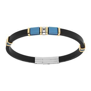 Bracelet en acier et dor� caoutchouc noir PVD bleu avec oxyde noir - 21.5cm r�galble 20cm et 18.5cm