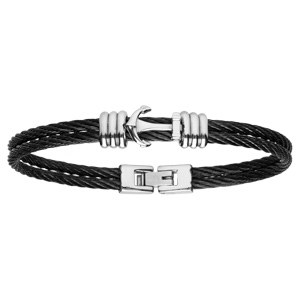 Bracelet en acier et double cble noir motif ancre 19cm - Vue 1