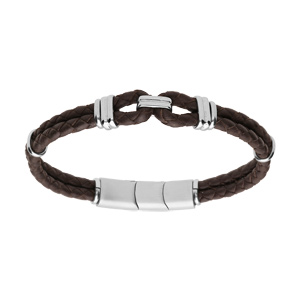Bracelet cuir tressé rond double, Bi-color noir et marron, fermoir