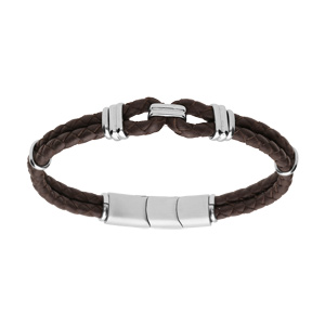 Bracelet en acier et double tresse en cuir marron et double fermoir 19+1cm - Vue 1