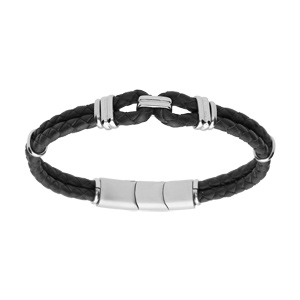 Bracelet en acier et double tresse en cuir noir et double fermoir 19+1cm - Vue 1