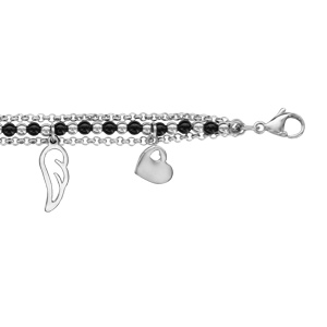 Bracelet en acier et perles de synthèse noires 3 chaînes avec pampilles symboles 16+3 cm - Vue 1