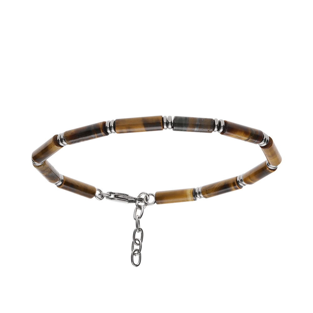 Bracelet en acier et pierres oeil de tigre v�ritable 19+3cm - Vue 1