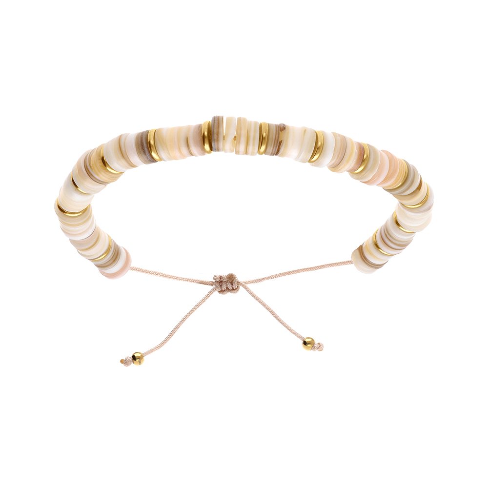 Bracelet en acier et PVD dor� cordon coulissant rondelles coquillage nacr� - Vue 1