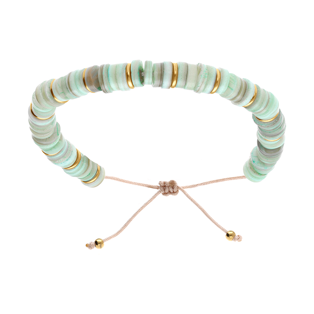 Bracelet en acier et PVD dor� cordon r�glable et rondelles coquillage teint� bleu - Vue 1