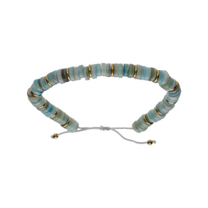 Bracelet en acier et PVD dor cordon rglable et rondelles coquillage teint bleu - Vue 1