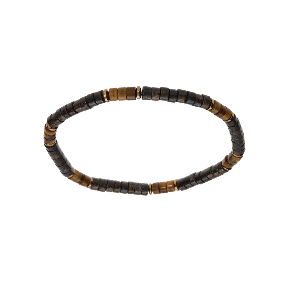 Bracelet en acier et PVD dor� extensible oeil de tigre et ilmenite bronzitite v�ritable - Vue 1