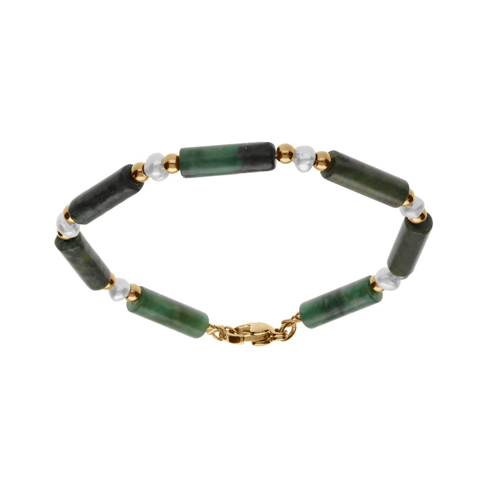 Bracelet en acier et PVD dor� jade verte et perle blanche de culture d\'eau douce v�ritable 16+3cm - Vue 1