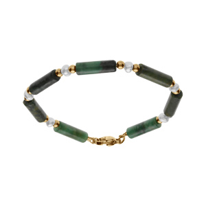 Bracelet en acier et PVD dor jade verte et perle blanche de culture d\'eau douce vritable 16+3cm - Vue 1
