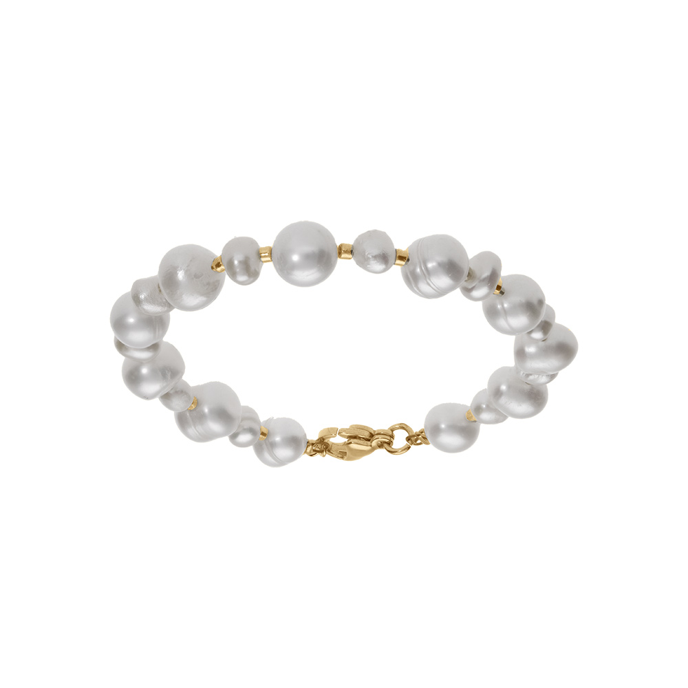 Bracelet en acier et PVD dor�, perles blanches v�ritables 16+3cm - Vue 1