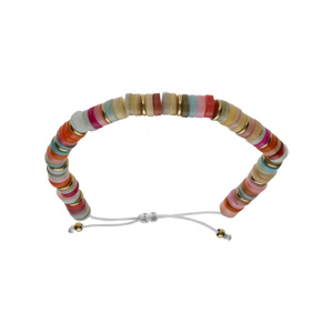 Bracelet en acier et PVD dor, rglable rondelles coquillage teint multicolore - Vue 1