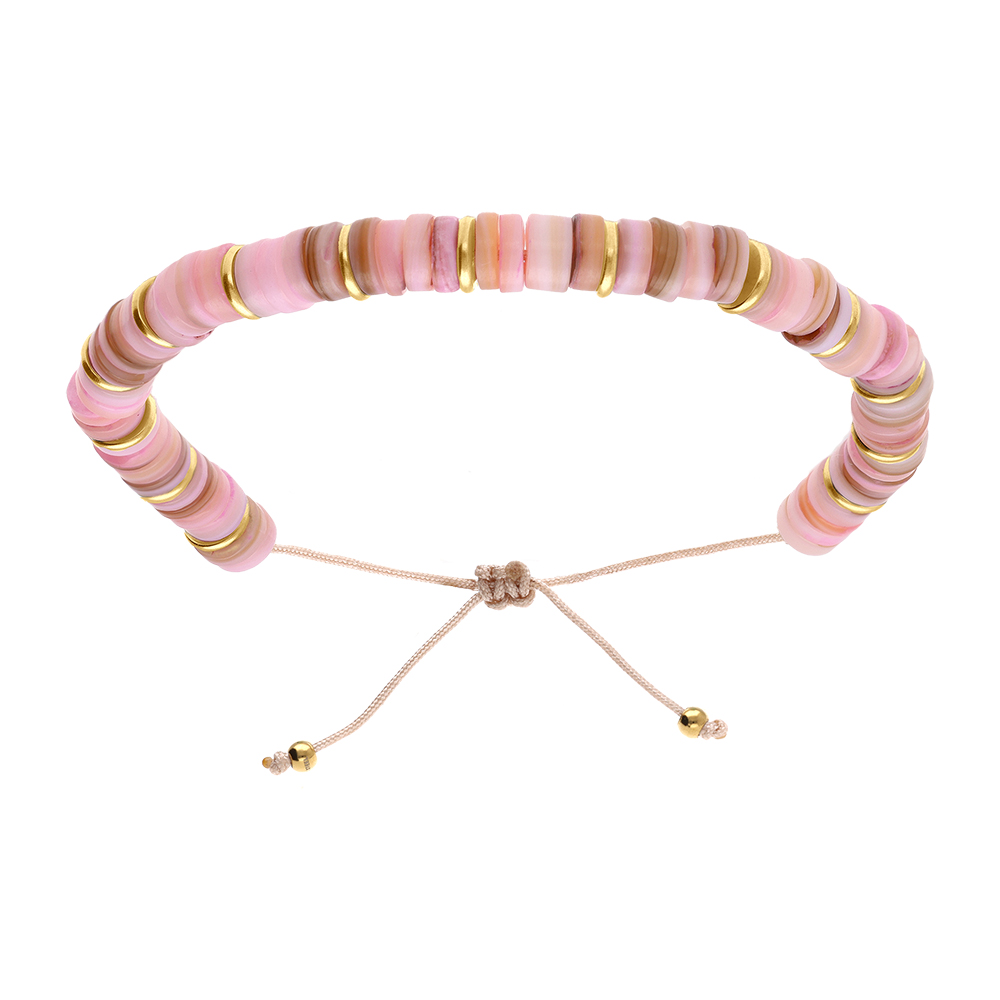 Bracelet en acier et PVD dor rglable rondelles coquillage teint rose - Vue 1