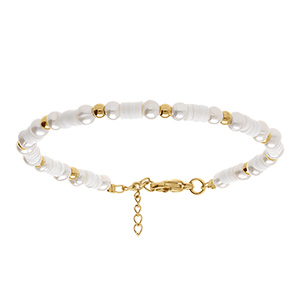 Bracelet en acier et PVD dor rondelles blanches avec perles de culture d\'eau douce blanches 16+3cm - Vue 1