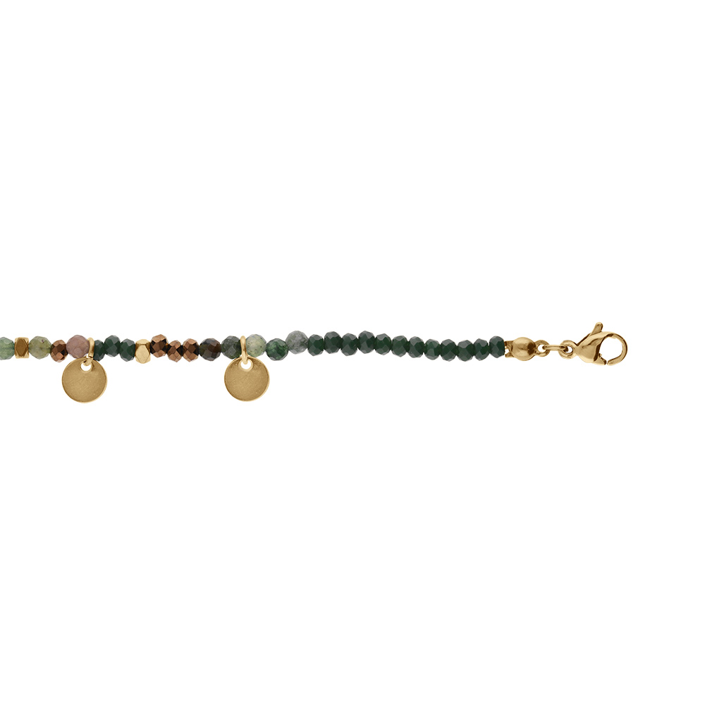 Bracelet en acier et PVD dor�, verre et agate verte v�ritable avec pampilles pastilles 16+3cm - Vue 1