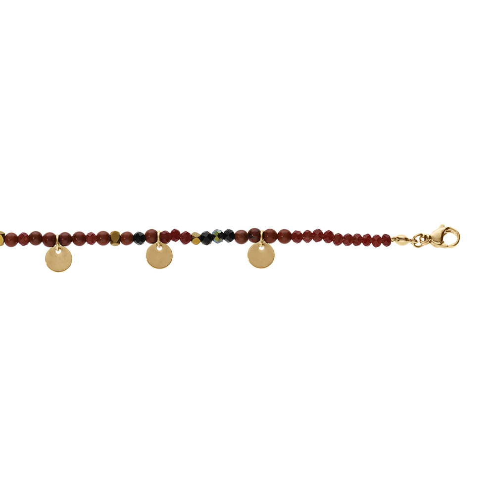Bracelet en acier et PVD dor�, verre et pierre rouge v�ritable avec pampilles pastilles 16+3cm - Vue 1