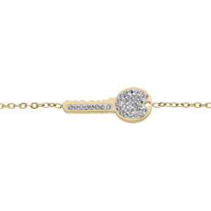 Bracelet en acier et PVD jaune chane avec clef pave d\'oxydes blancs sertis 16+3cm - Vue 1