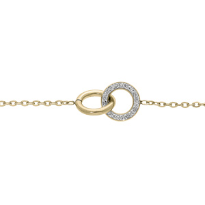 Bracelet en acier et PVD jaune chane avec double anneaux 1 lisse et 1 oxydes blancs sertis 16+3cm - Vue 1