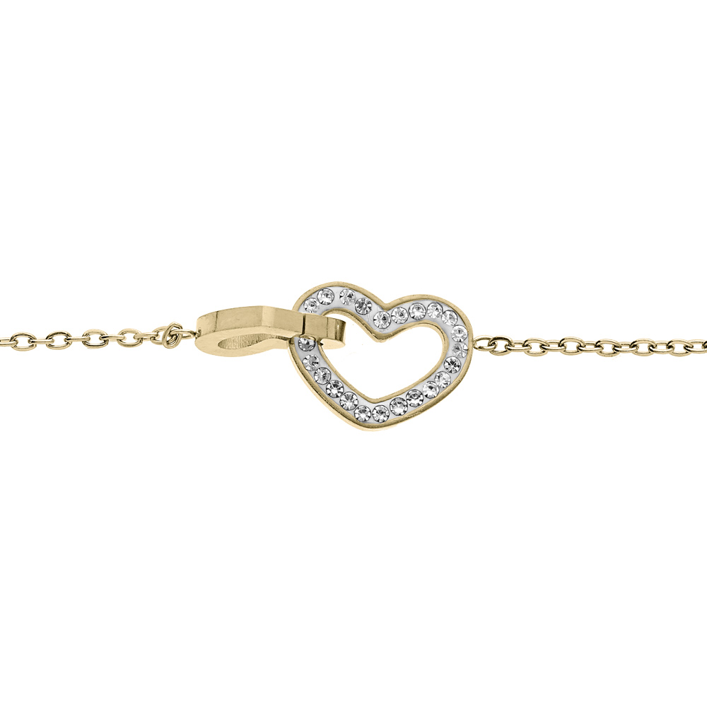 Bracelet en acier et PVD jaune cha�ne avec double coeur et oxydes blancs sertis 15+3cm - Vue 1