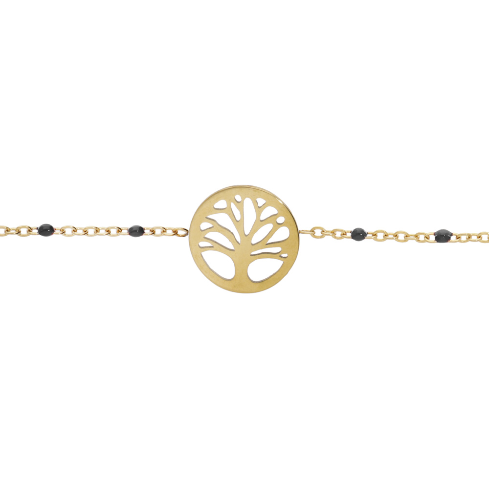 Bracelet en acier et PVD jaune cha�ne avec olives couleur noire et pastille arbre de vie 16+3cm - Vue 1