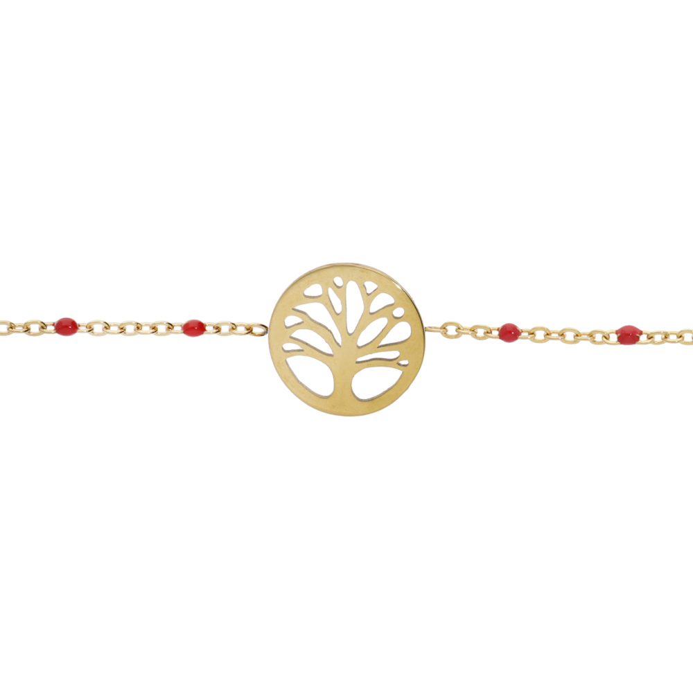 Bracelet en acier et PVD jaune cha�ne avec olives couleur rouge et pastille arbre de vie 16+3cm - Vue 1