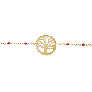 Bracelet en acier et PVD jaune chane avec olives couleur rouge et pastille arbre de vie 16+3cm - Vue 1